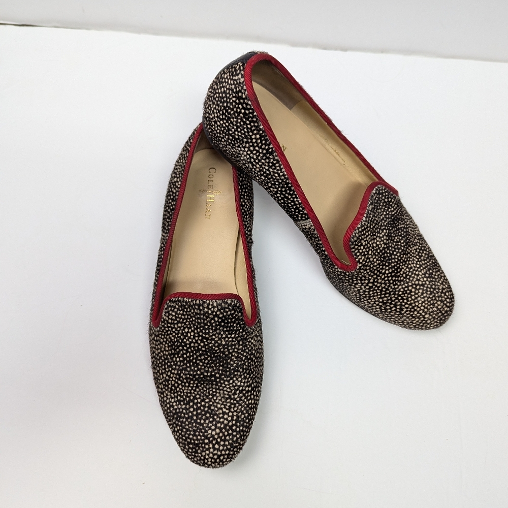 Cole Haan size 7 Calf Hair Speckled Loafers Slip On Red Trim Flats Old Money - Picture 2 of 12